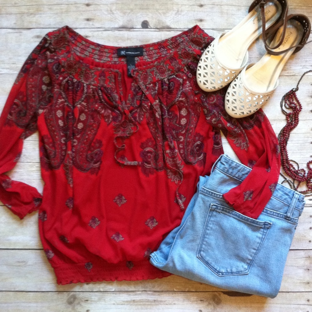 I.N.C. Red paisley boho peasant top